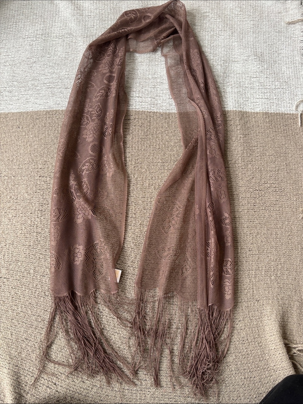 Vintage Fringed Lace-Pattern Scarf in Taupe made in Japan
